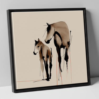 Quiet Devotion mare & foal canvas wall art in black frame