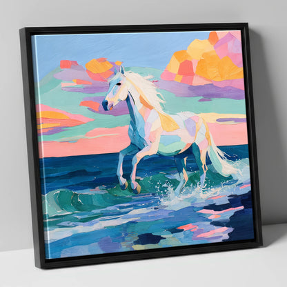 Vibrant Coastal Canter beach horse canvas wall art in black frame