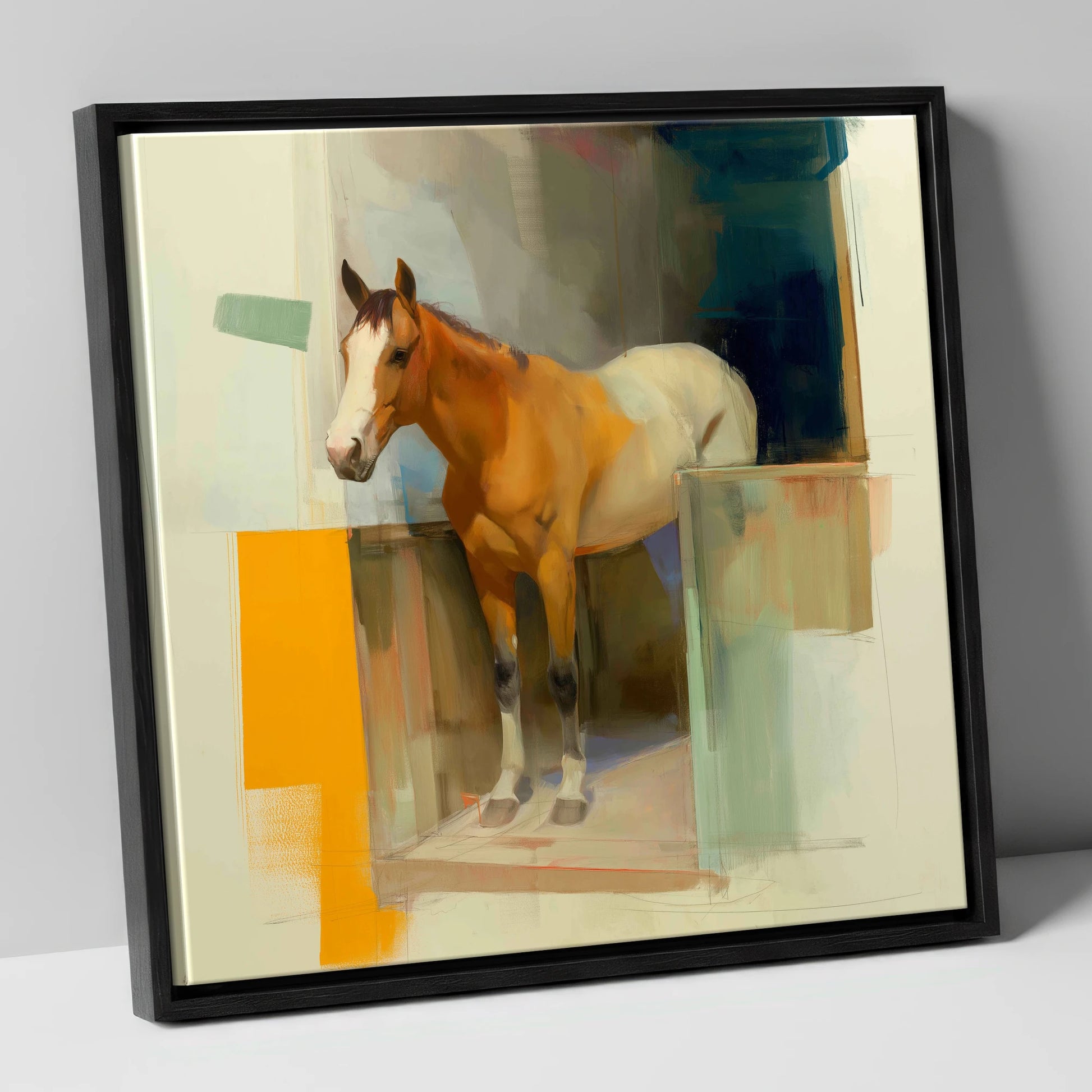 Vibrant Stable Doorway horse stable canvas wall art in black frame