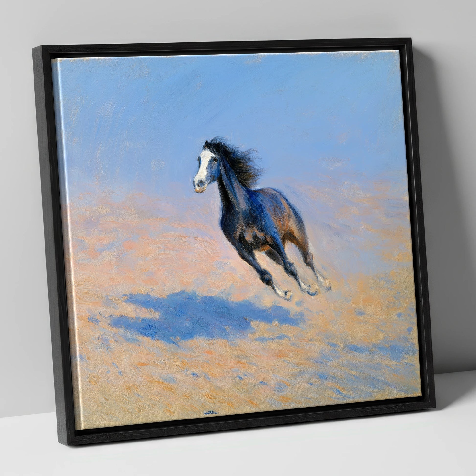 Sunlit Gallop horse breed canvas wall art in black frame