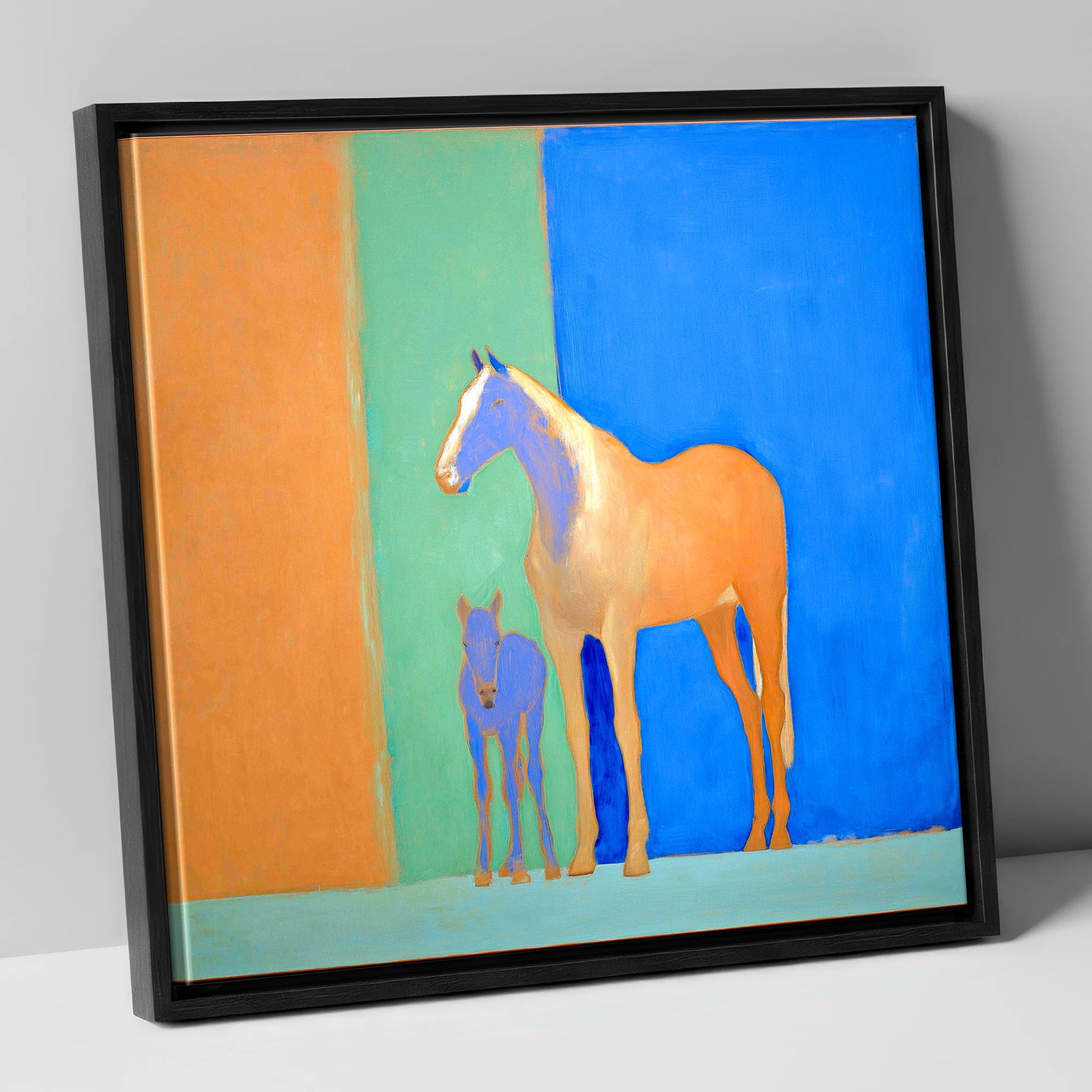Cobalt and Sand mare & foal canvas wall art in black frame