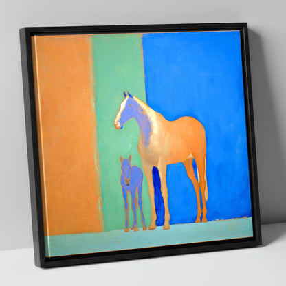 Cobalt and Sand mare & foal canvas wall art in black frame