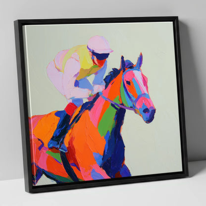 Vibrant Final Furlong racing horse canvas wall art in black frame