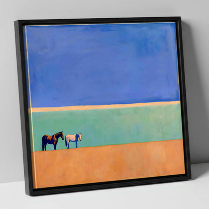 Sunlit Plain horse landscape canvas wall art in black frame