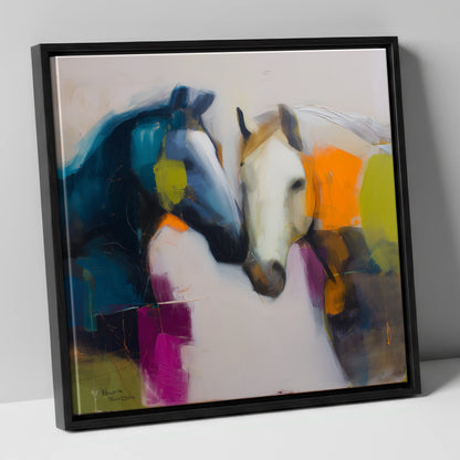 Vibrant Equine Bond horse portrait canvas wall art in black frame