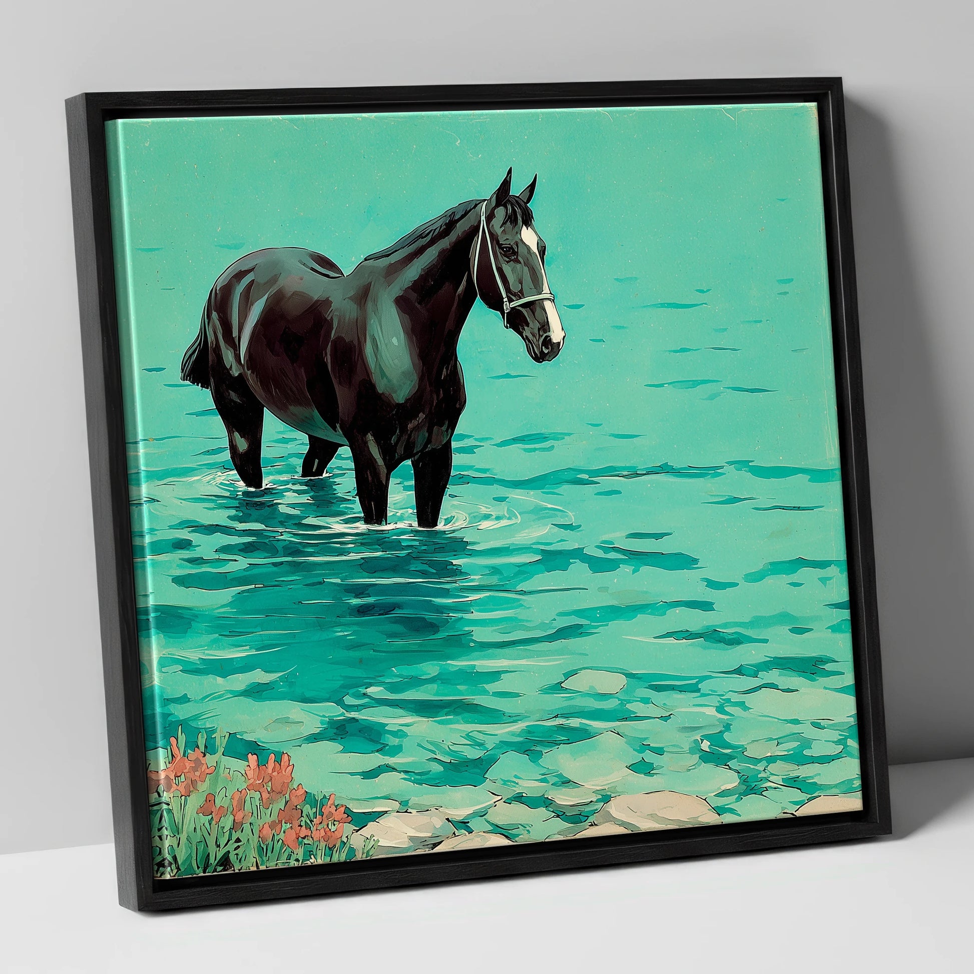 Midnight in the Shallows beach horse canvas wall art in black frame