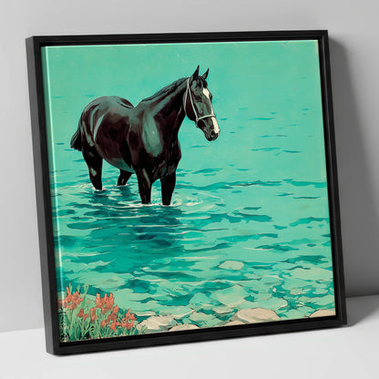 Midnight in the Shallows beach horse canvas wall art in black frame