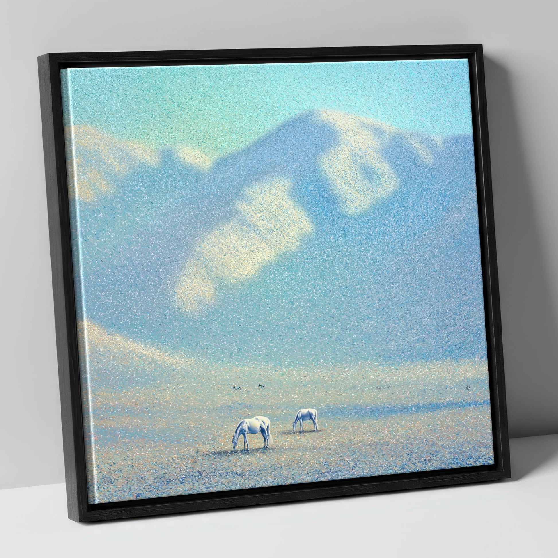 Ethereal Mountain Grazing horse landscape canvas wall art in black frame
