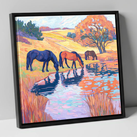 Painted Pasture Reflections horse landscape canvas wall art in black frame