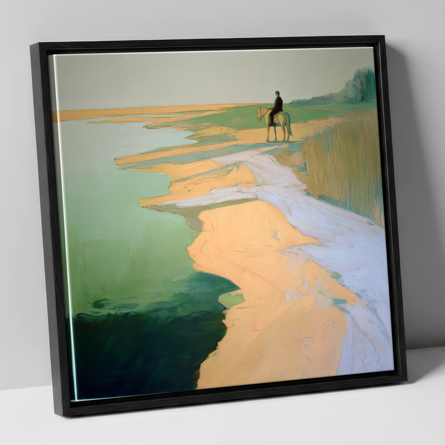 Solitary Shoreline Hack beach horse canvas wall art in black frame