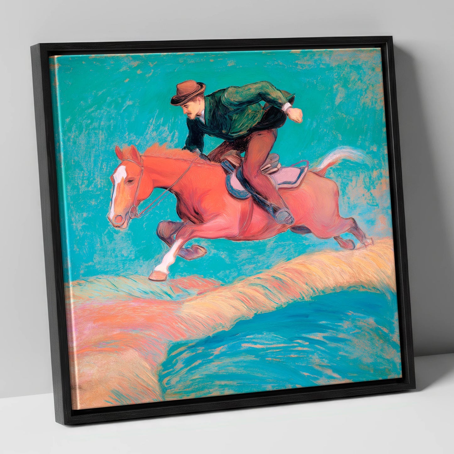 The Bold Leap show jumping horse canvas wall art in black frame