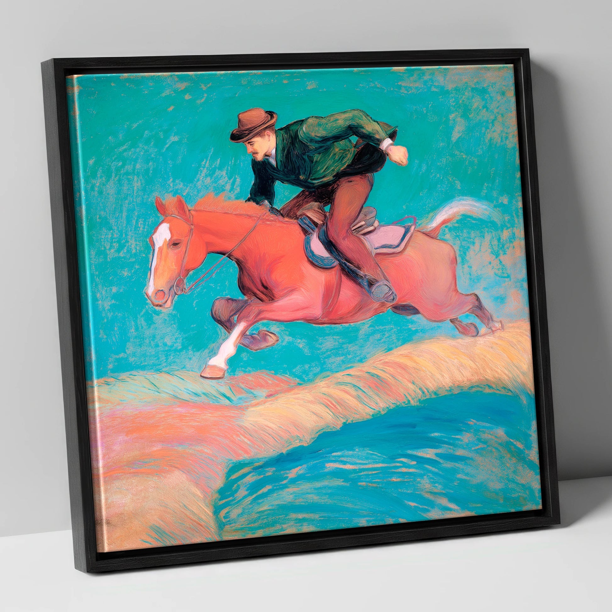 The Bold Leap show jumping horse canvas wall art in black frame