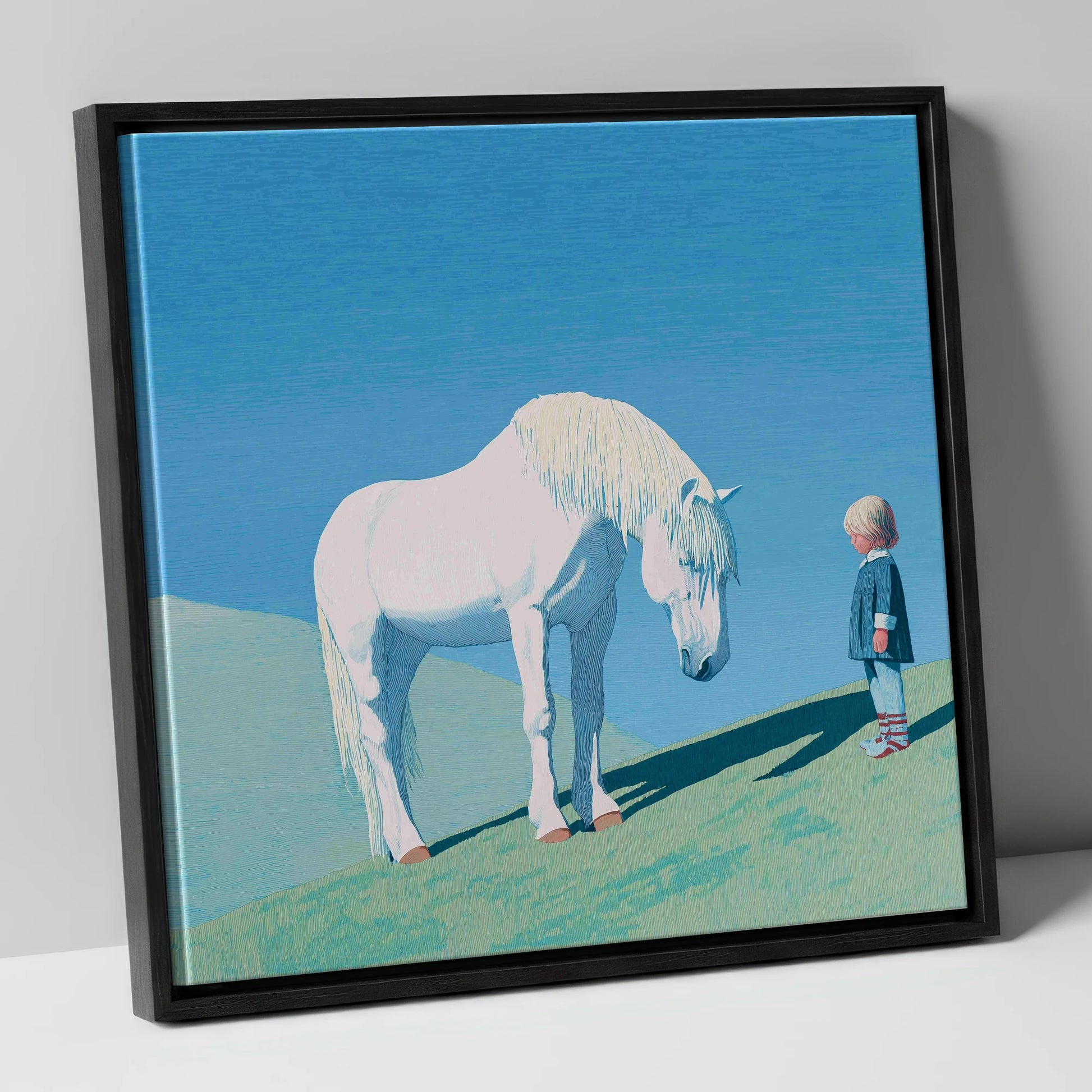 The Gentle Meeting horse & rider canvas wall art in black frame