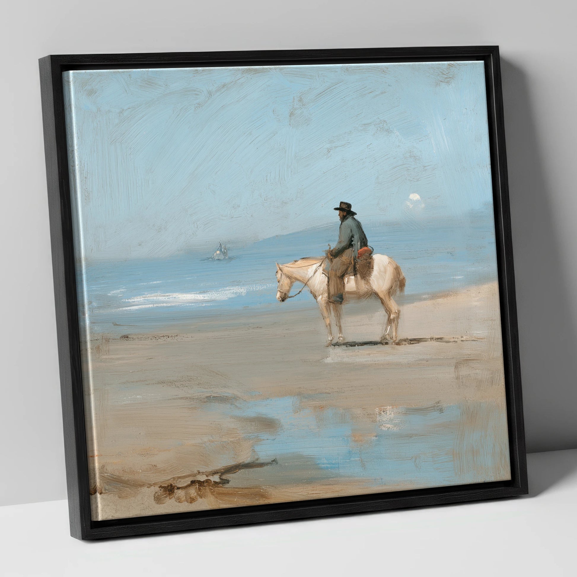 Coastal Contemplation horse landscape canvas wall art in black frame