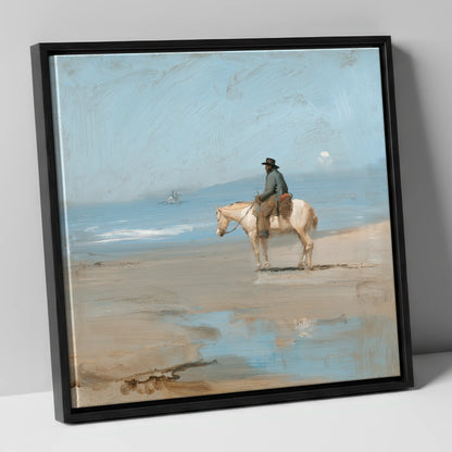 Coastal Contemplation horse landscape canvas wall art in black frame