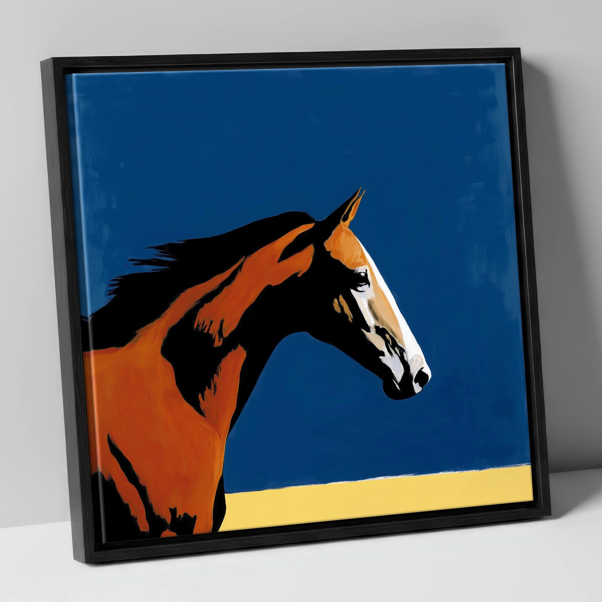 Vibrant Bay Gallop racing horse canvas wall art in black frame