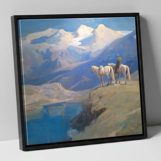 Alpine Vantage Point horse landscape canvas wall art in black frame
