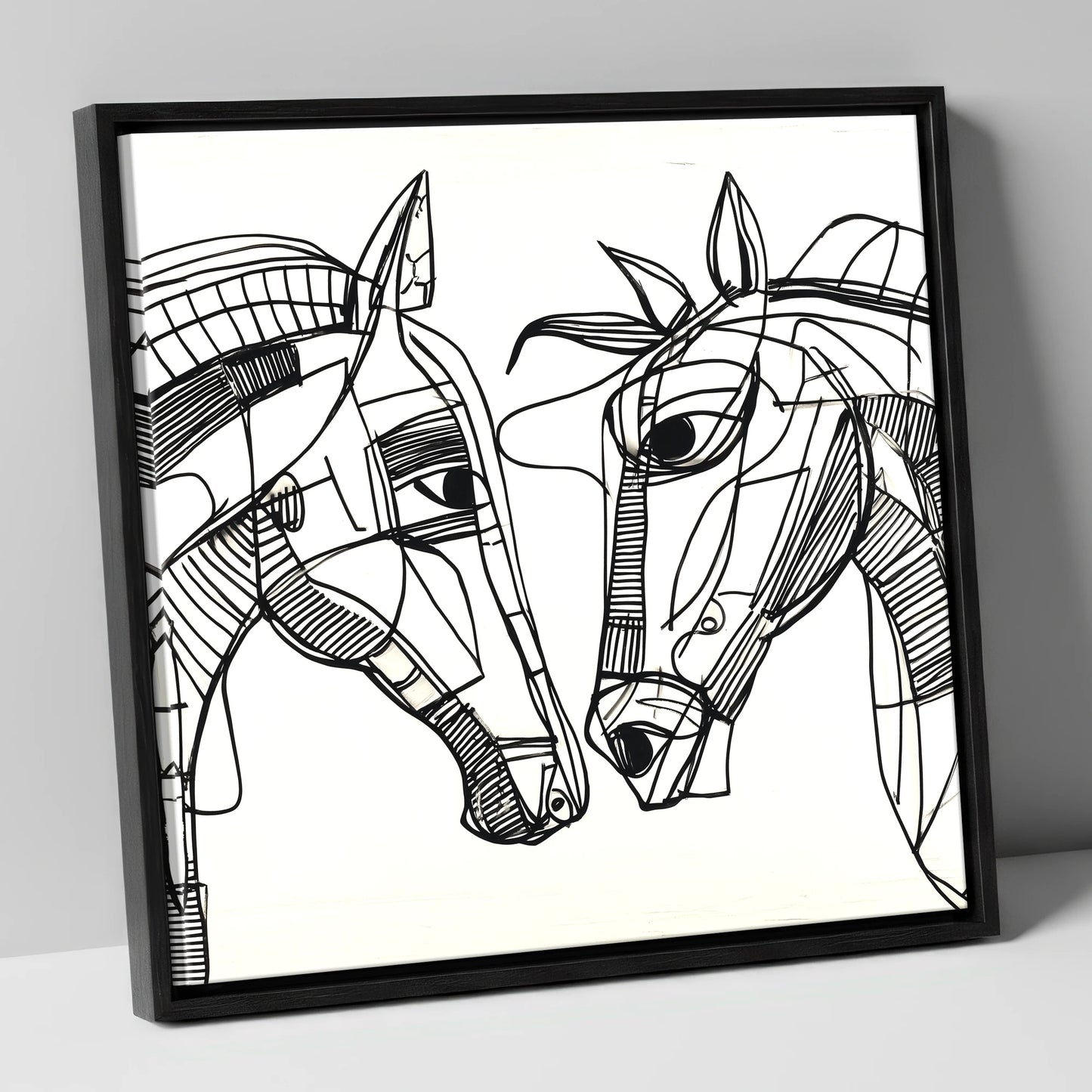 Linear Equine Connection horse portrait canvas wall art in black frame