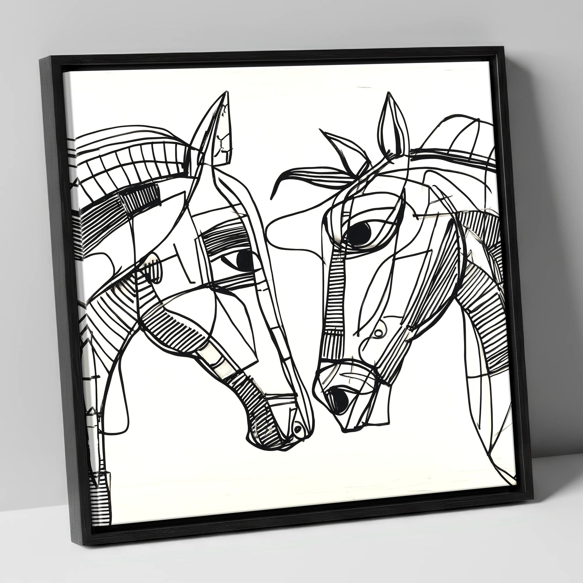 Linear Equine Connection horse portrait canvas wall art in black frame
