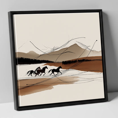 Sepia Horizon Herd wild horses canvas wall art in black frame
