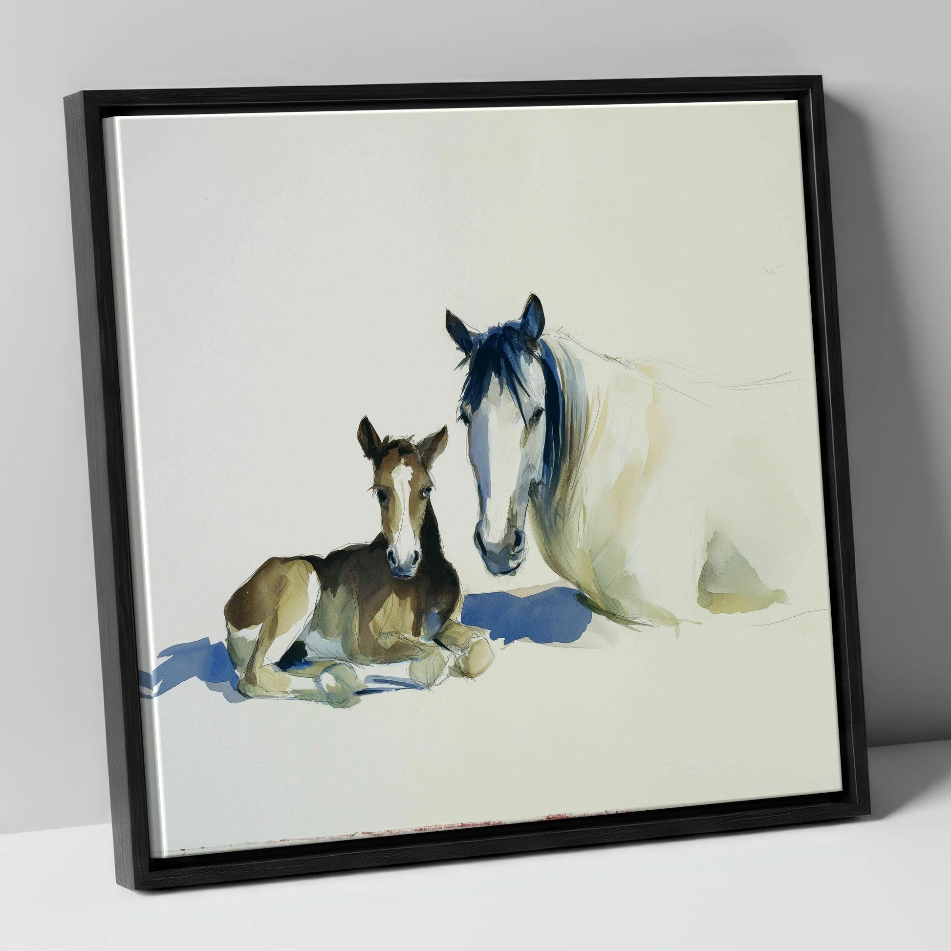 Quiet Devotion mare & foal canvas wall art in black frame