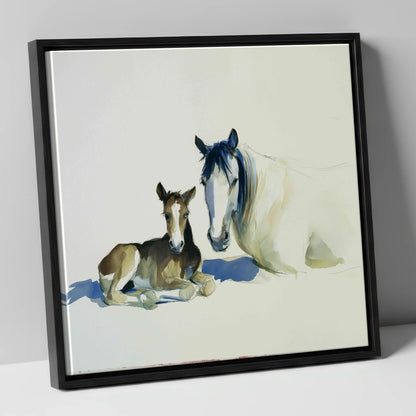 Quiet Devotion mare & foal canvas wall art in black frame