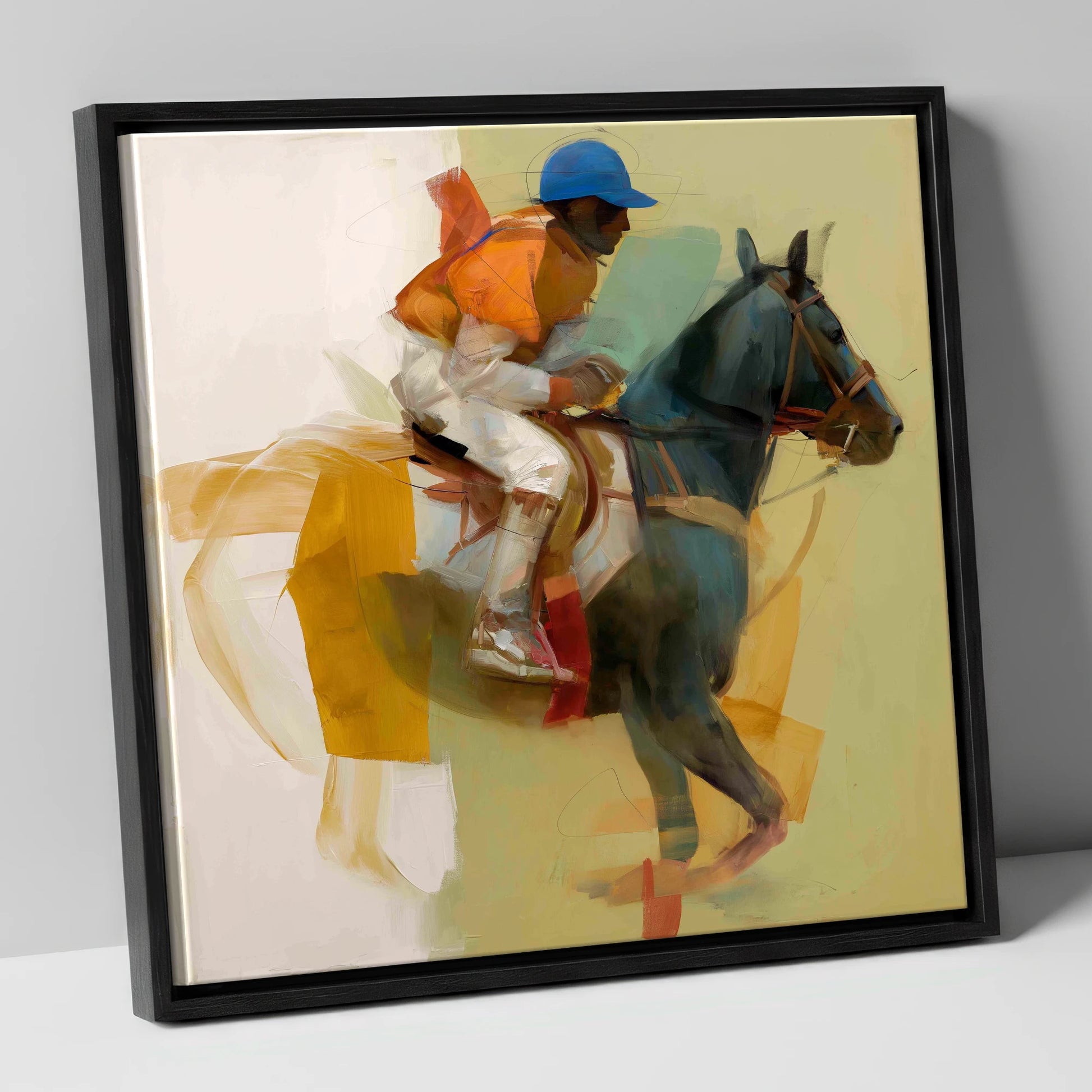 Cerulean and Silk racing horse canvas wall art in black frame