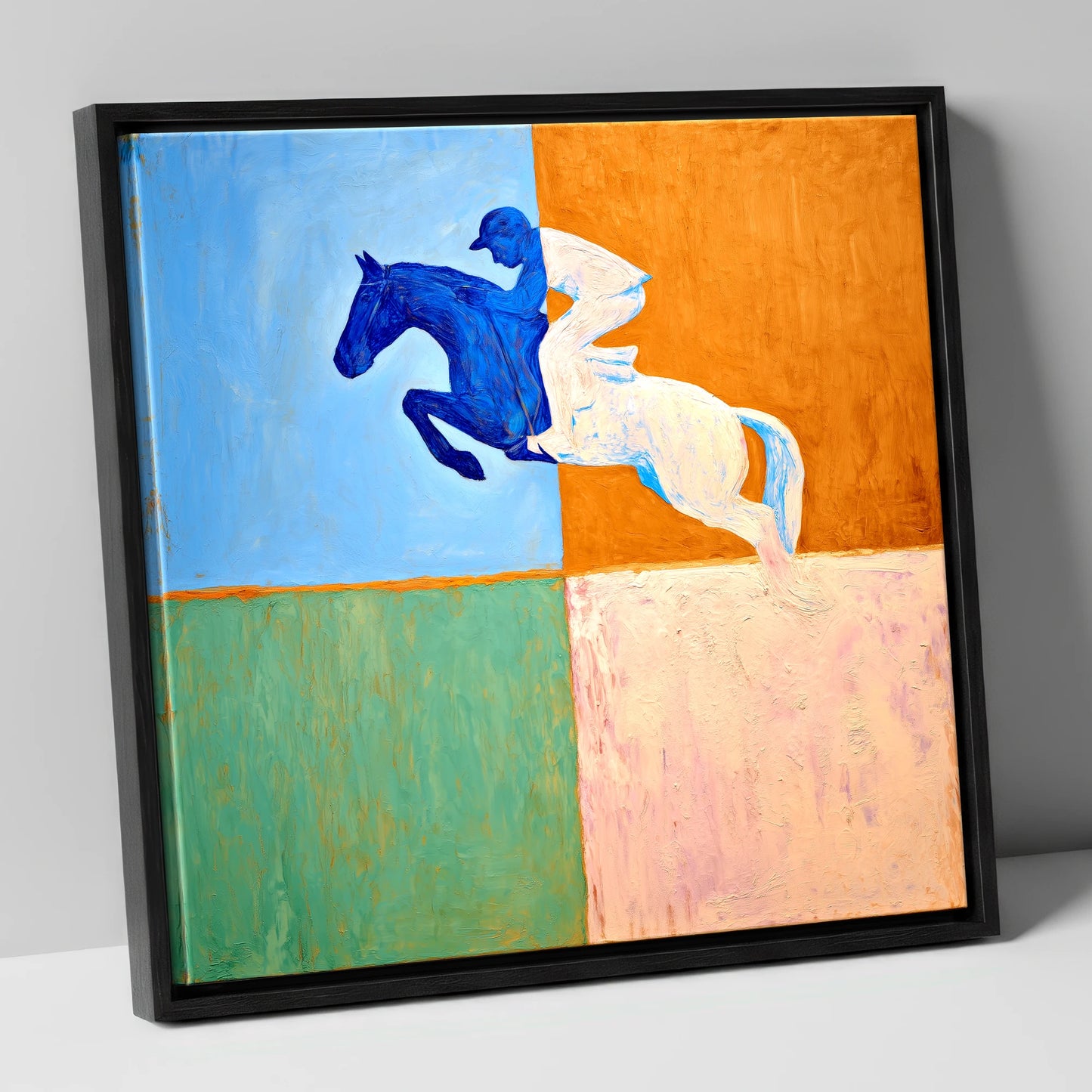 Abstract Cobalt Leap show jumping horse canvas wall art in black frame