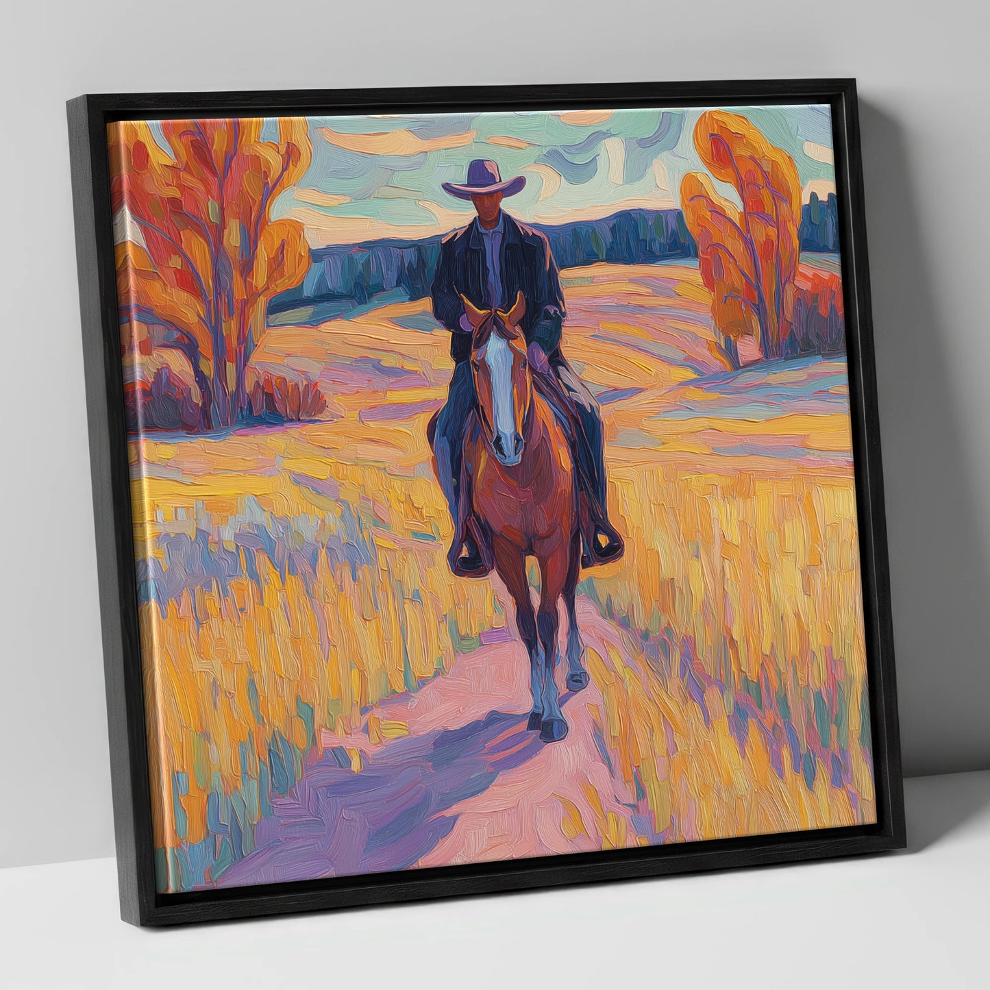 Vibrant Western Trail western horse canvas wall art in black frame