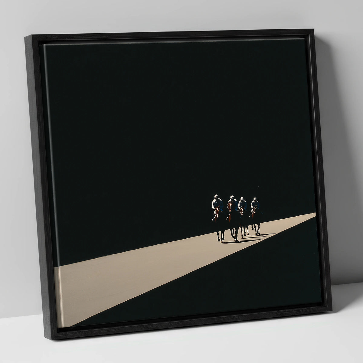 Four Racehorses In Cinematic Light racing horse canvas wall art in black frame
