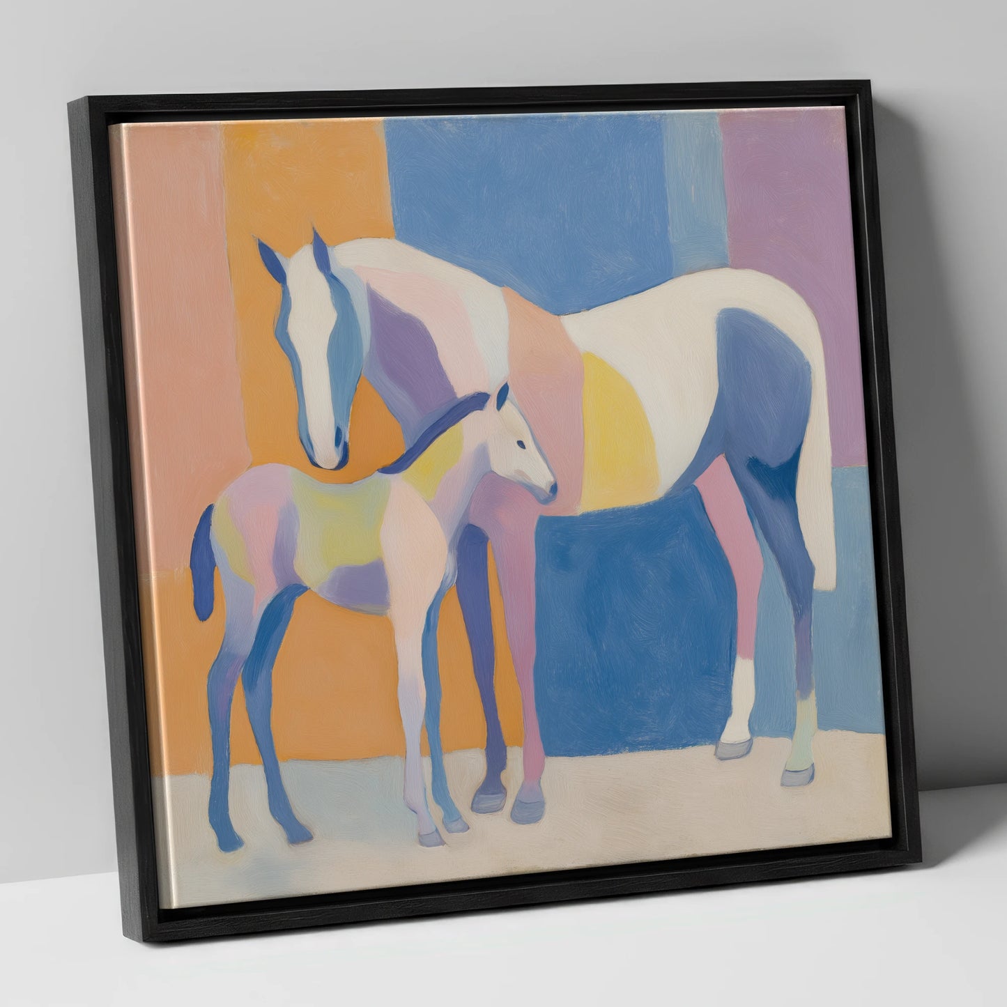 Geometric Equine Harmony mare & foal canvas wall art in black frame