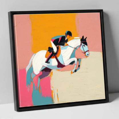 Vibrant Flight show jumping horse canvas wall art in black frame
