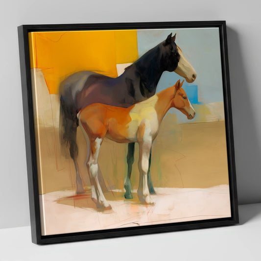Sunlit Painted Foal mare & foal canvas wall art in black frame