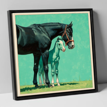Bond in Vivid Teal mare & foal canvas wall art in black frame