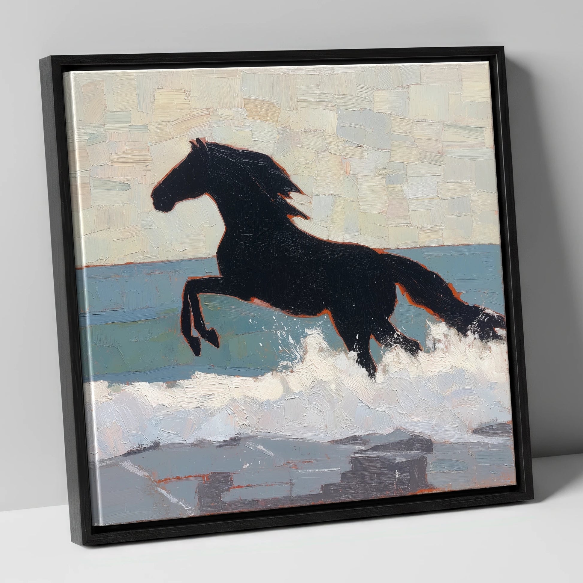 Surf Breaker Silhouette beach horse canvas wall art in black frame