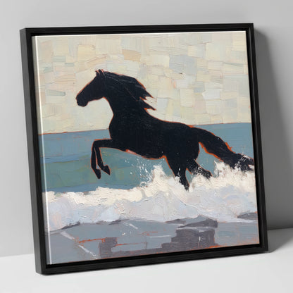 Surf Breaker Silhouette beach horse canvas wall art in black frame