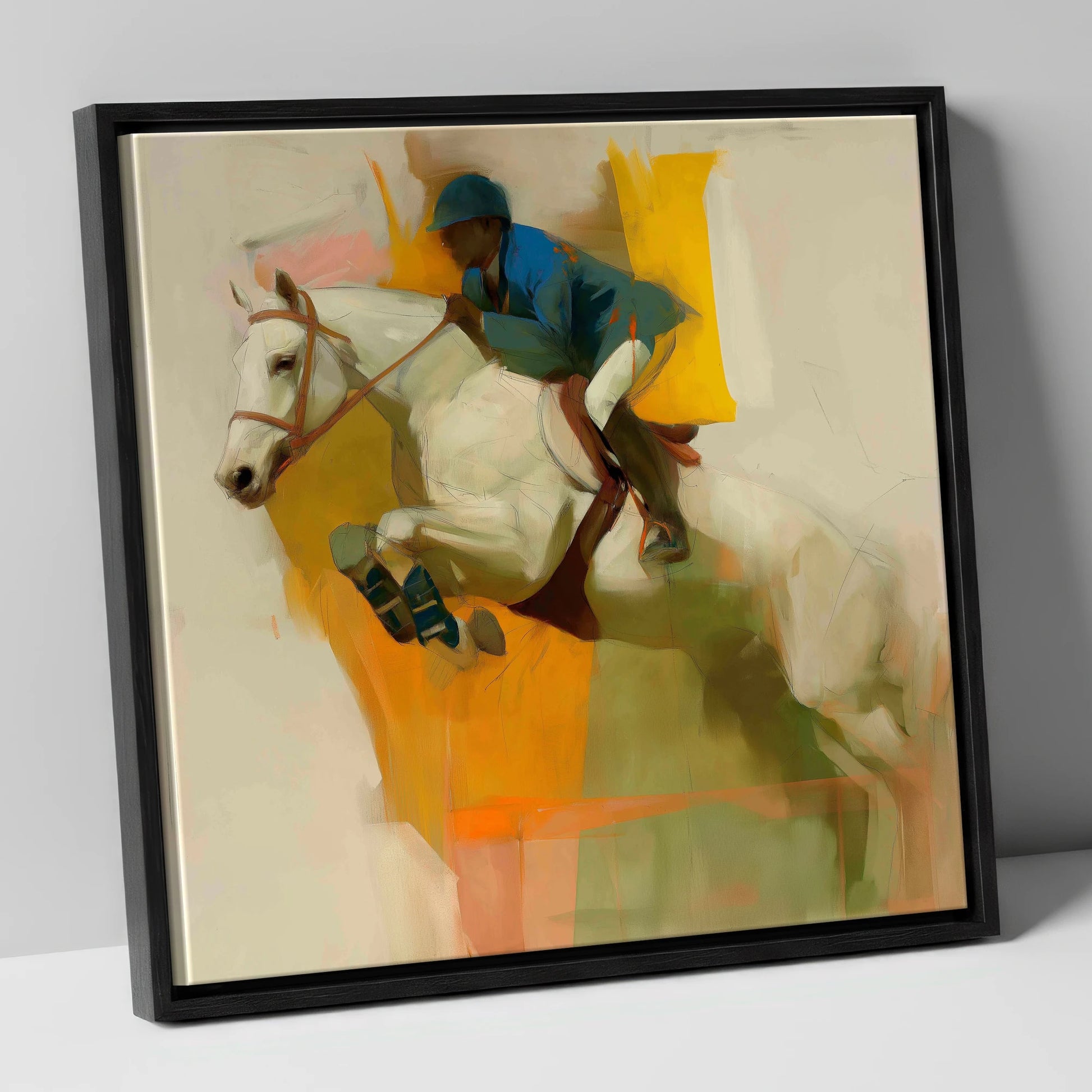The Moment of Suspension show jumping horse canvas wall art in black frame