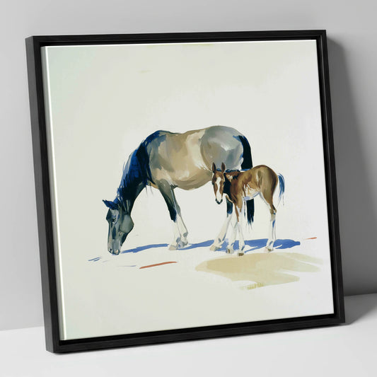Spring Pasture Shadows mare & foal canvas wall art in black frame