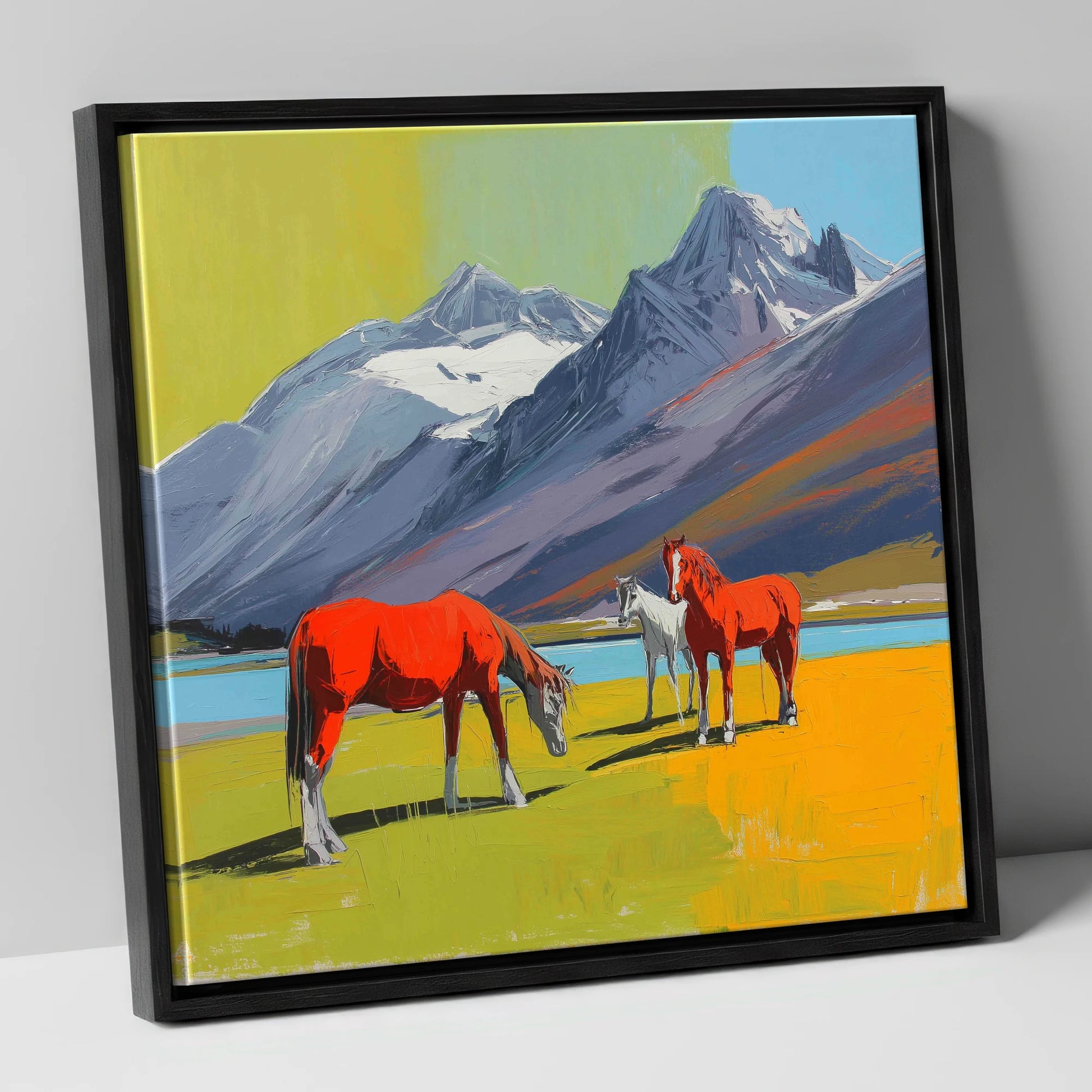 Vibrant Mountain Grazing horse landscape canvas wall art in black frame