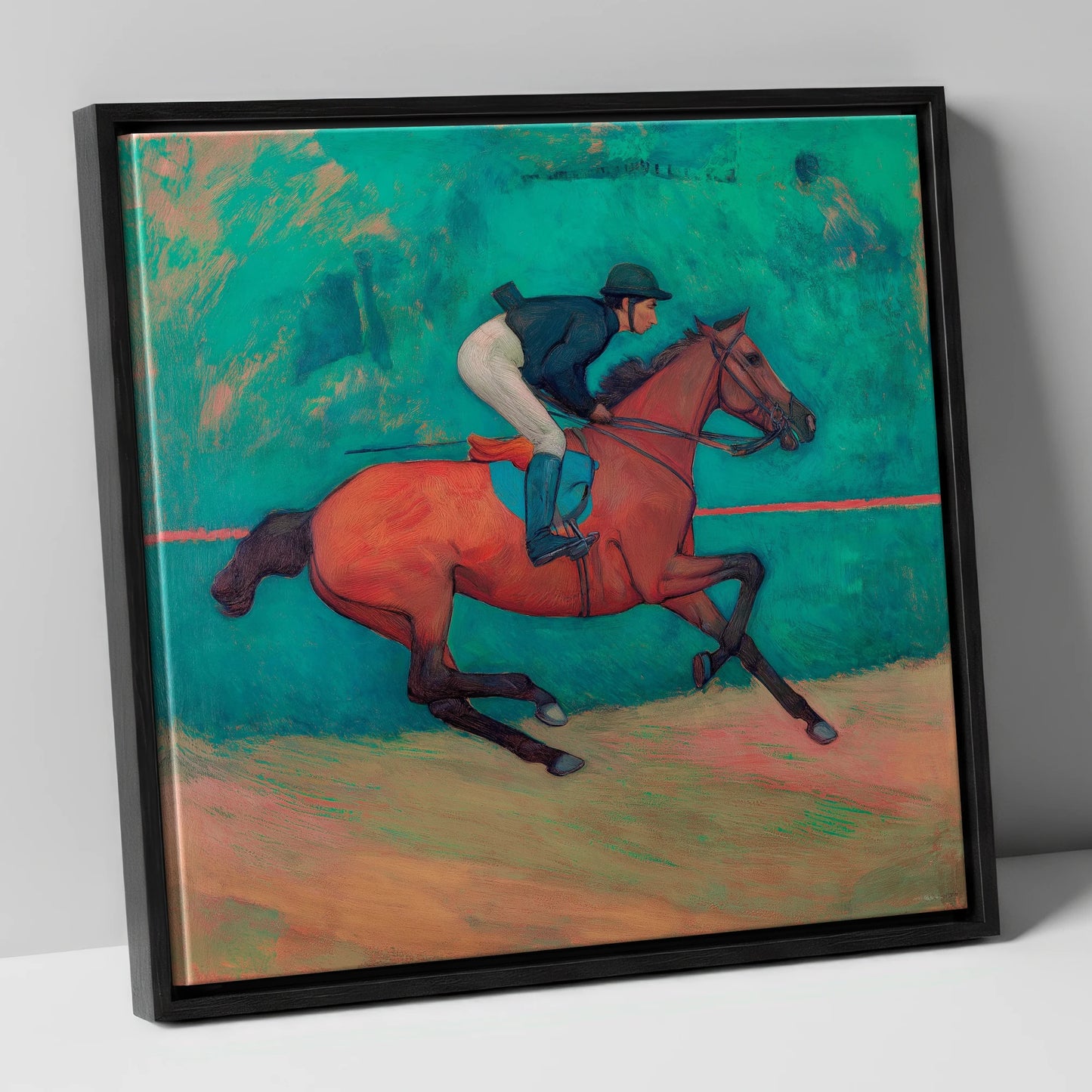 Rhythm in Emerald racing horse canvas wall art in black frame