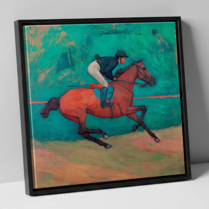 Rhythm in Emerald racing horse canvas wall art in black frame