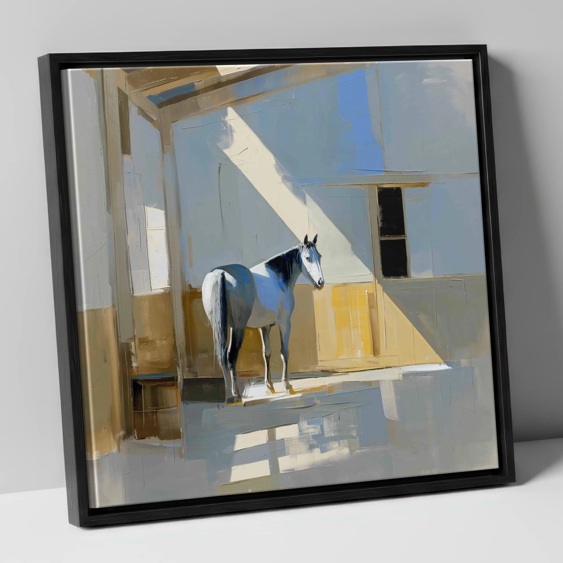 The Sunlit Grey horse stable canvas wall art in black frame