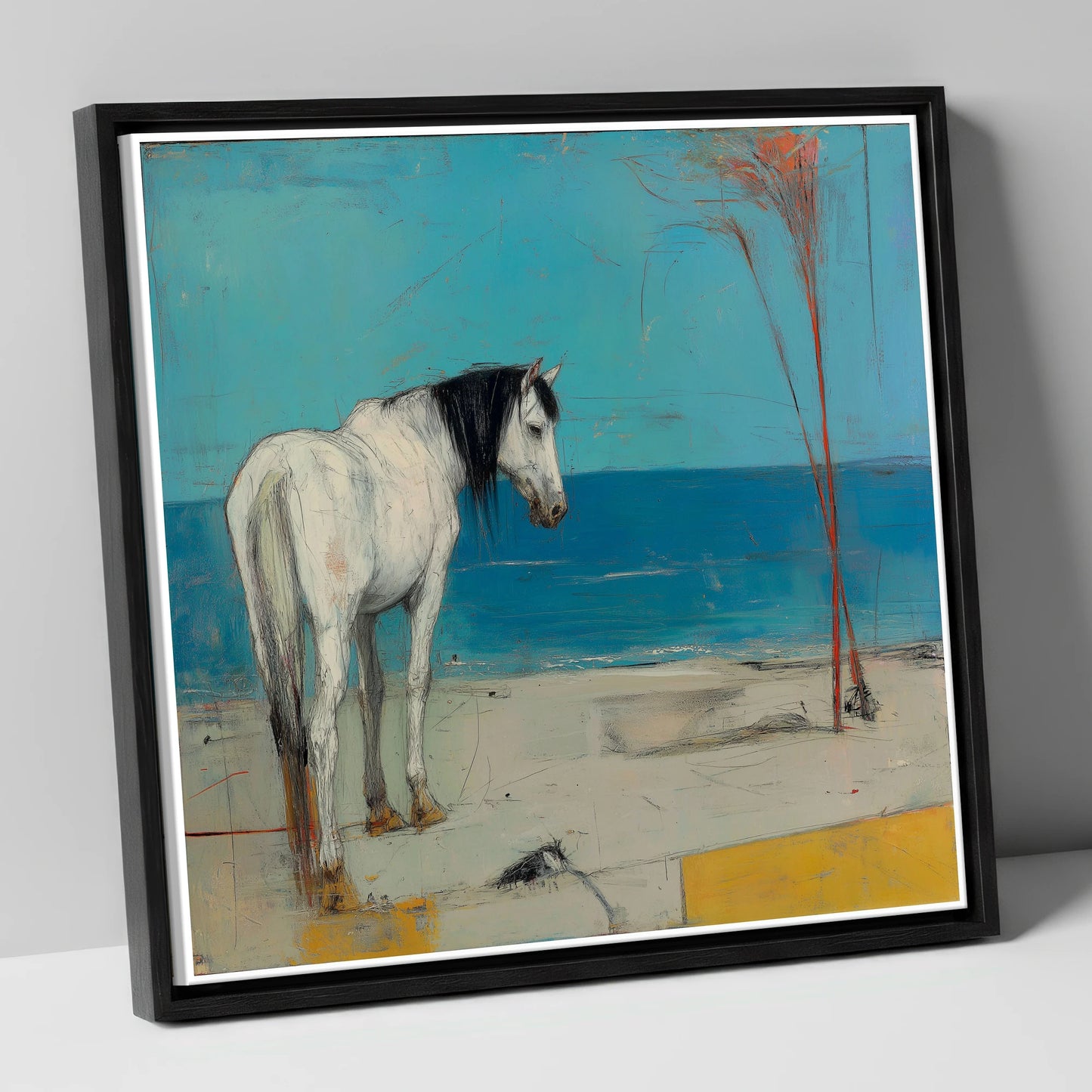 Coastal Solitude horse landscape canvas wall art in black frame