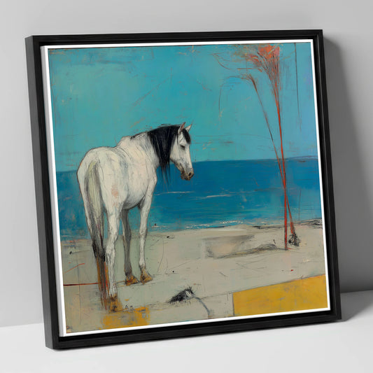 Coastal Solitude horse landscape canvas wall art in black frame