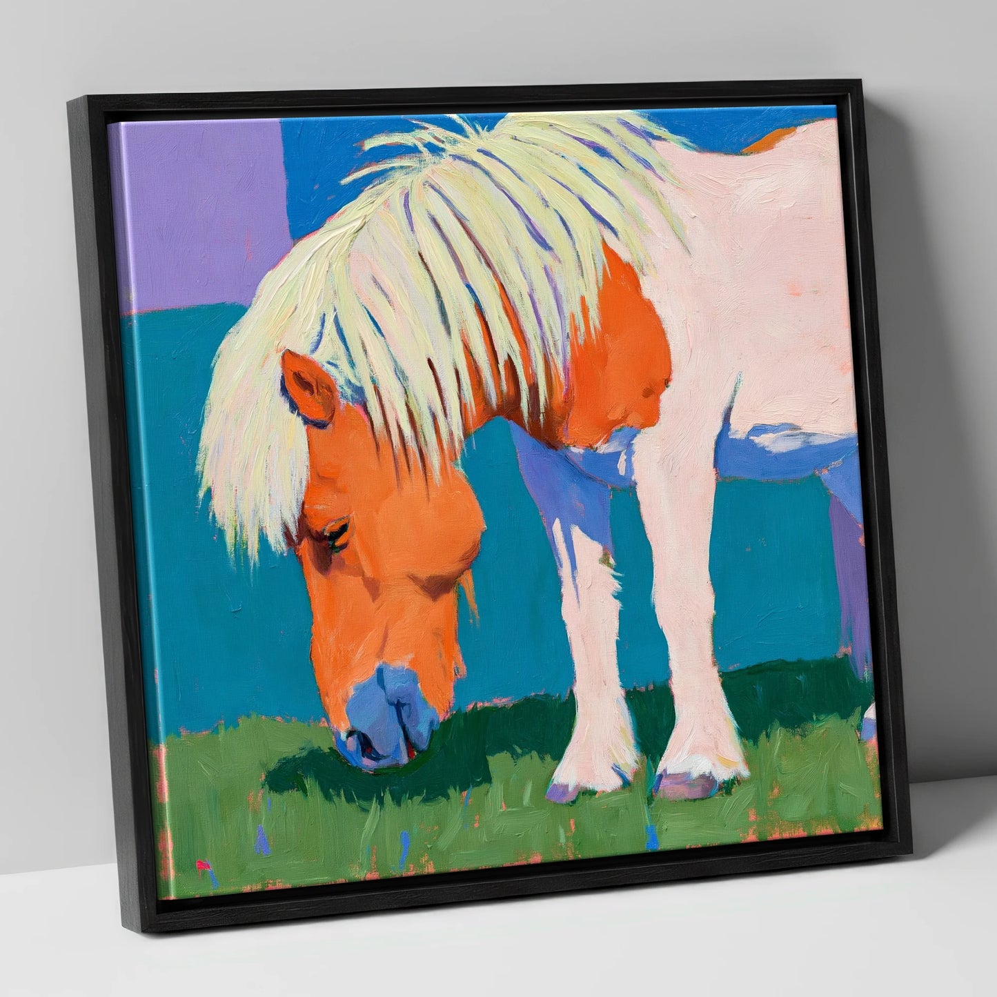Vibrant Grazing Shetland Pony horse breed canvas wall art in black frame