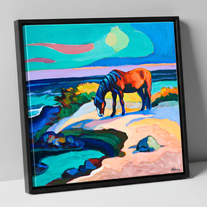 Vibrant Coastal Graze horse landscape canvas wall art in black frame