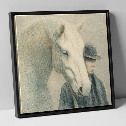Grey Horse And Capped Handler horse & rider canvas wall art in black frame