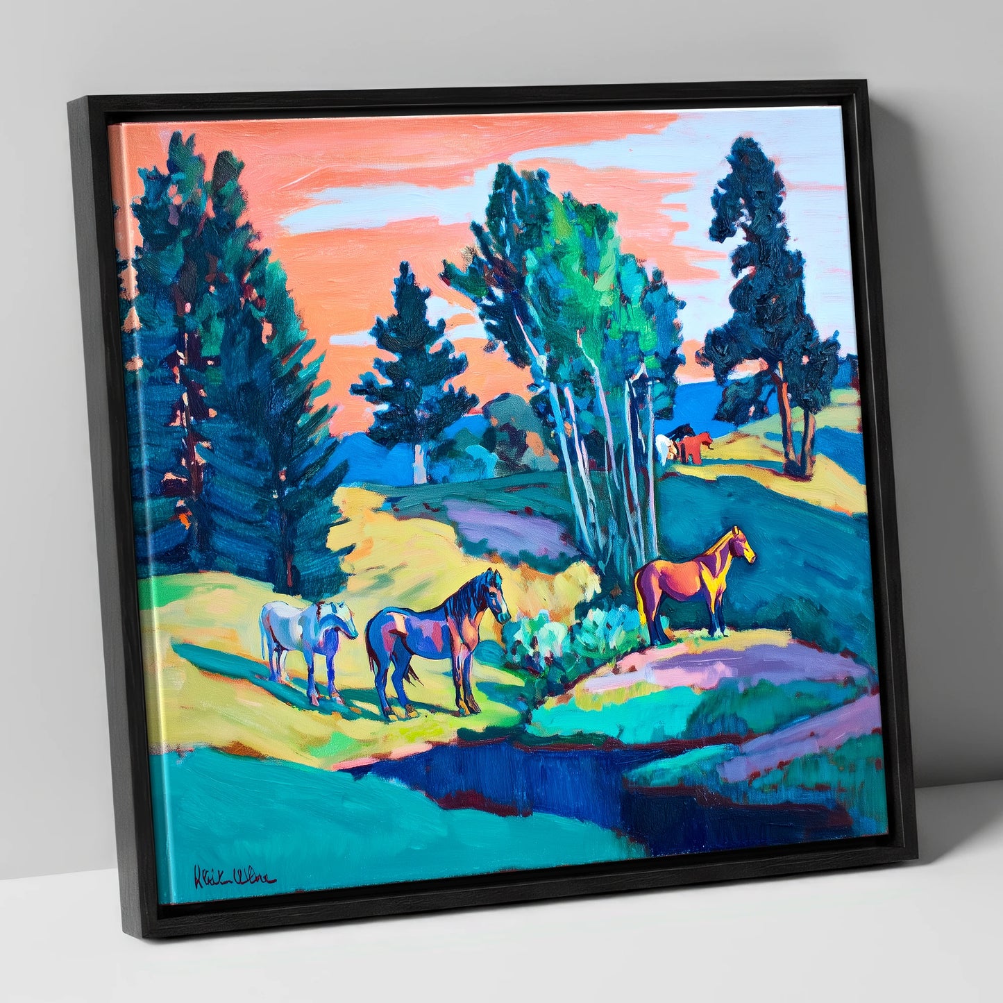 Vibrant Summer Pastures horse landscape canvas wall art in black frame