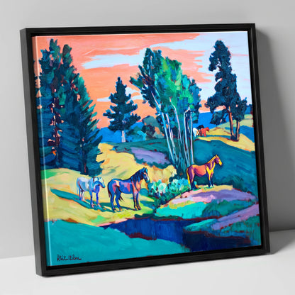 Vibrant Summer Pastures horse landscape canvas wall art in black frame
