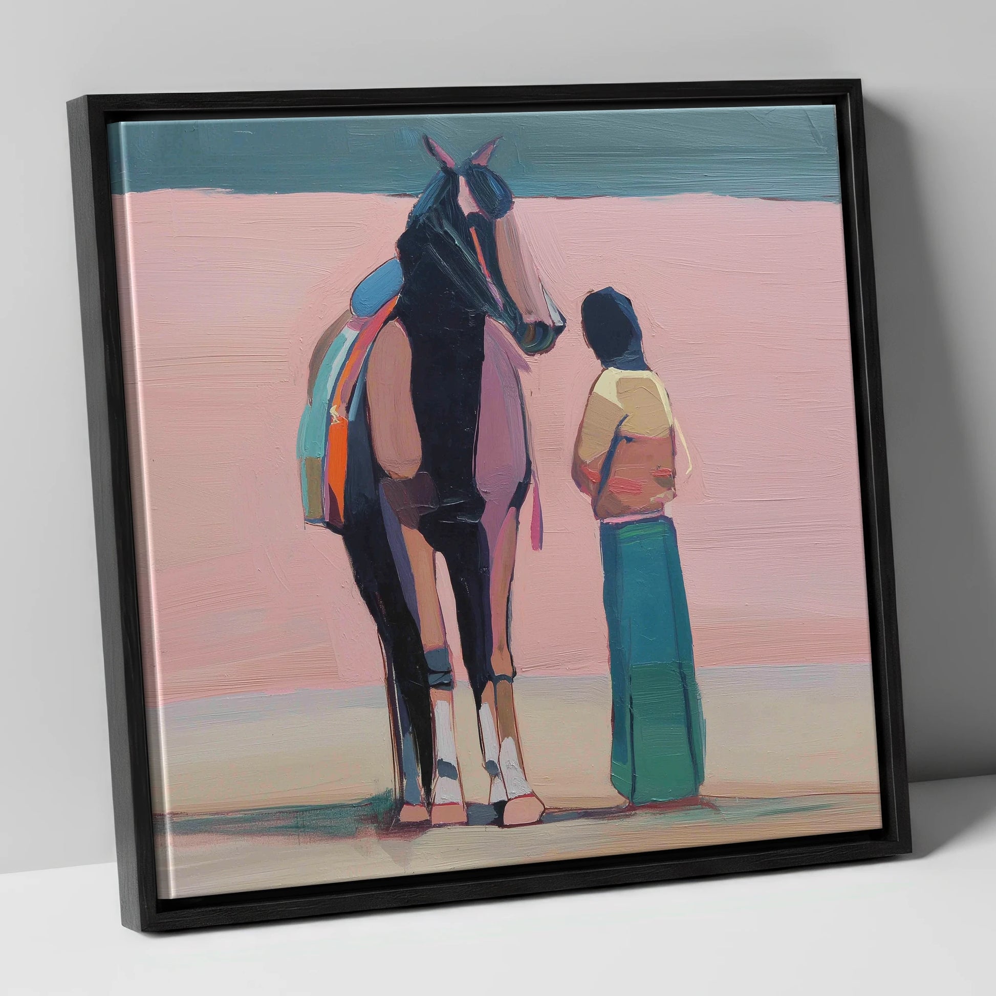 Stillness in Rose horse & rider canvas wall art in black frame